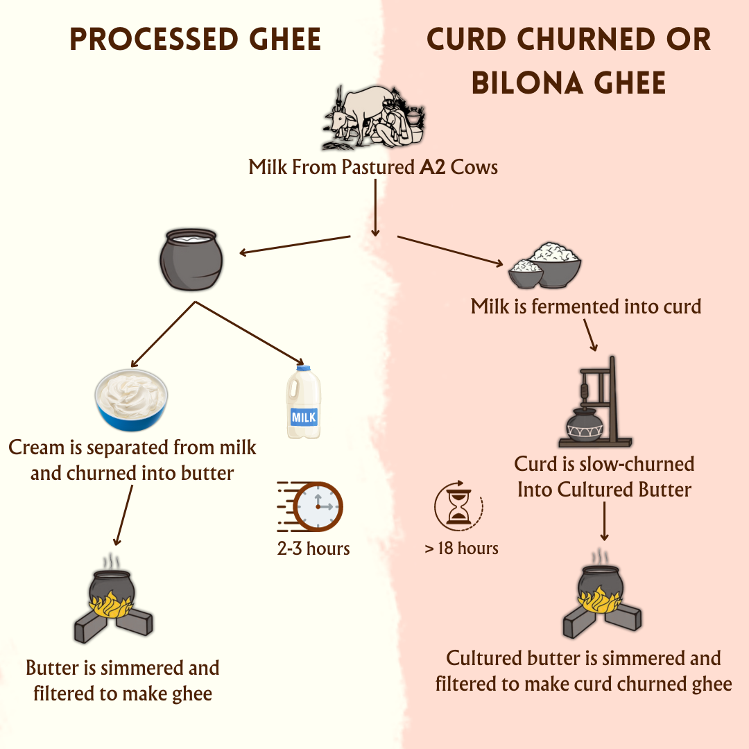 Processed ghee vs. curd-churned ghee bilona ghee