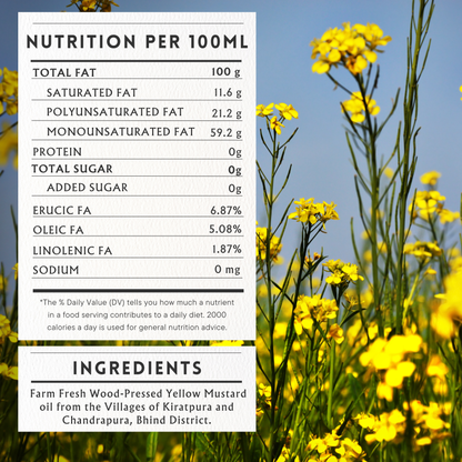 Unrefined Wood-Pressed Yellow Mustard Oil | Cold-Pressed | Glass Bottle | High Pungency | Nothing Added or Extracted |