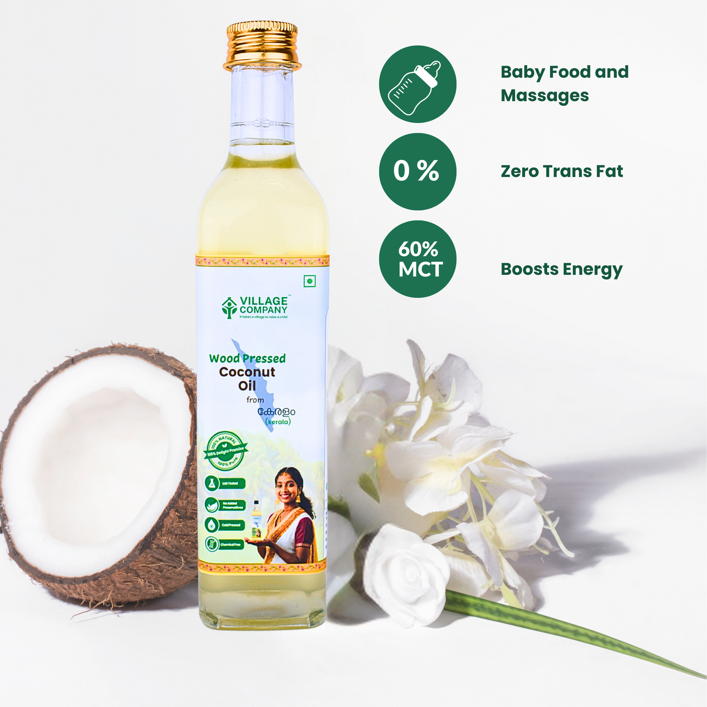 Unrefined Wood-Pressed Coconut Oil | Cold-Pressed | Glass Bottle | Highest Pungency | Nothing Added or Extracted |