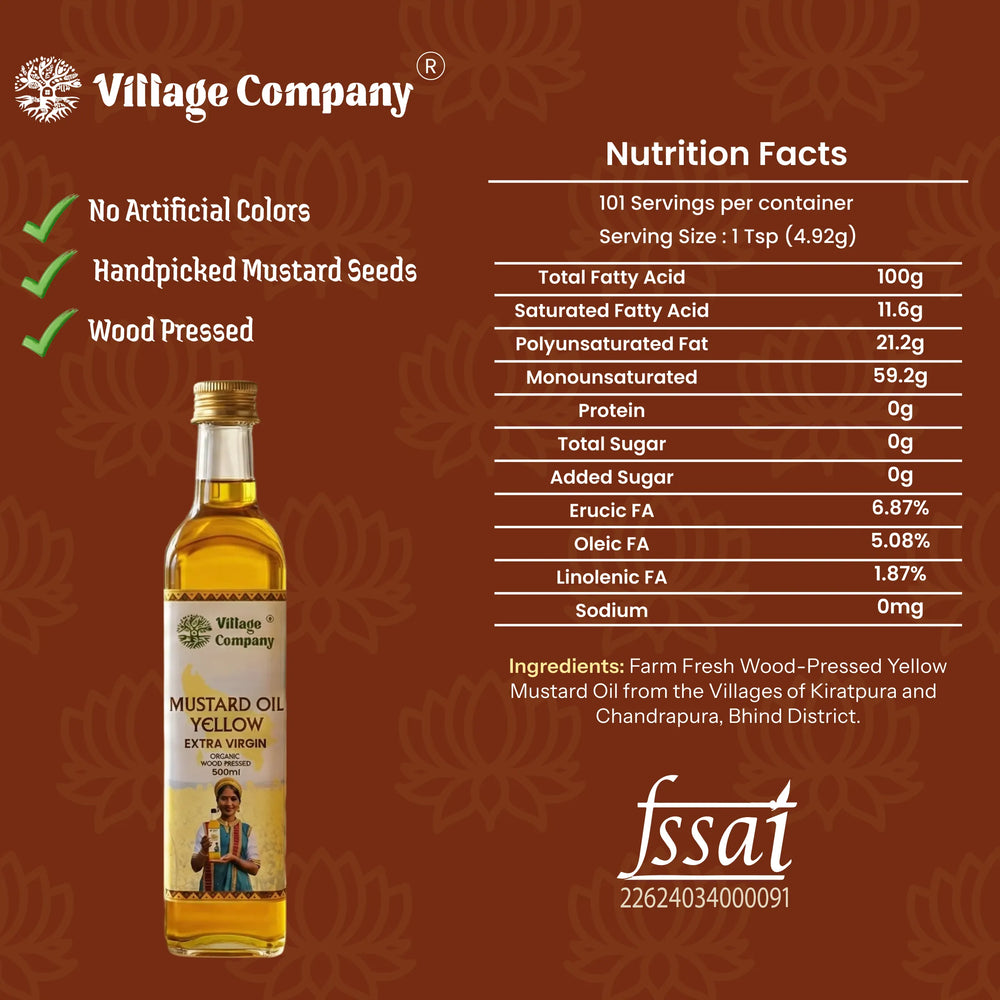 Unrefined Wood-Pressed Yellow Mustard Oil | Cold-Pressed | Glass Bottle | High Pungency | Nothing Added or Extracted |