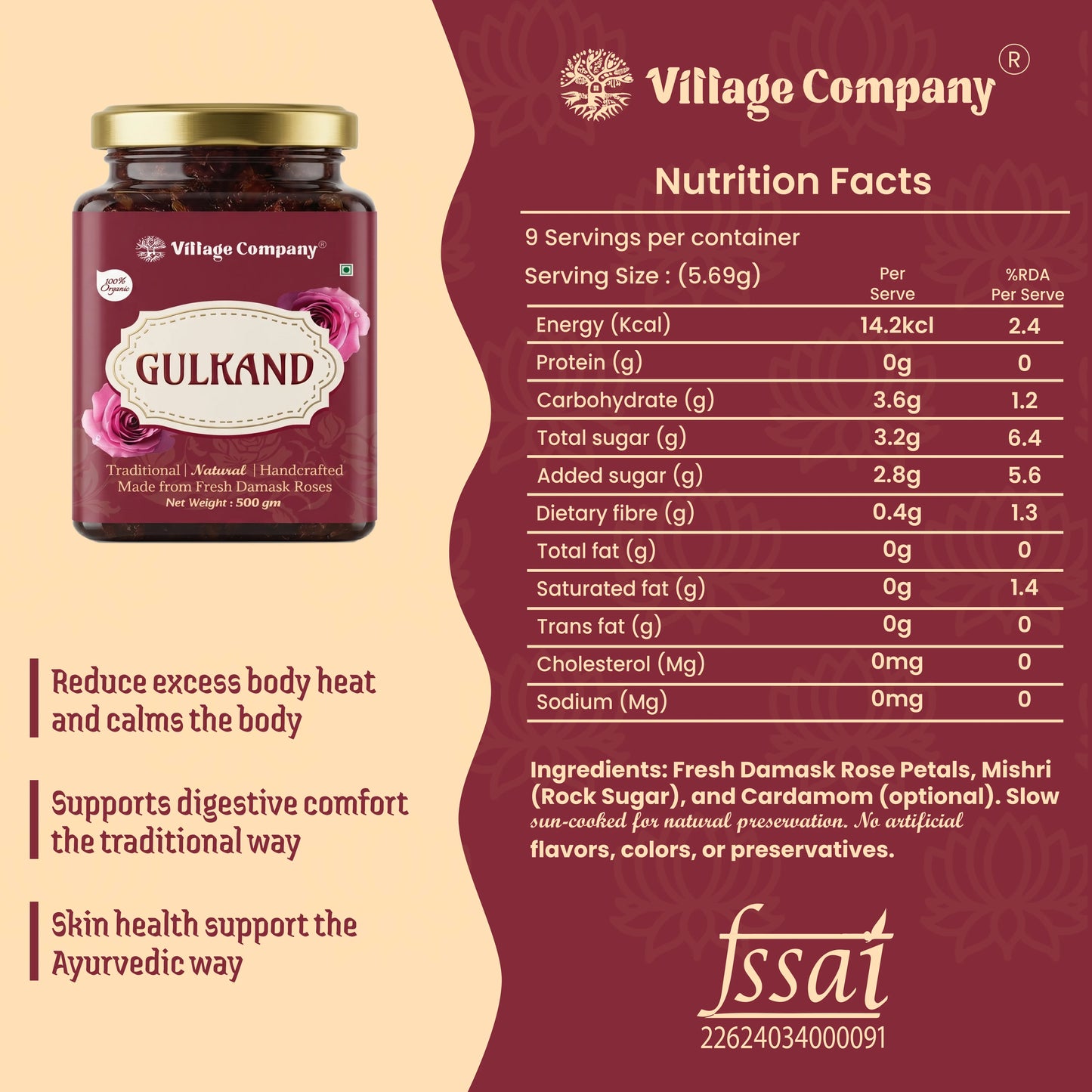 Village Company Desmark Rose Gulkand | Natural Rose Petal Preserve